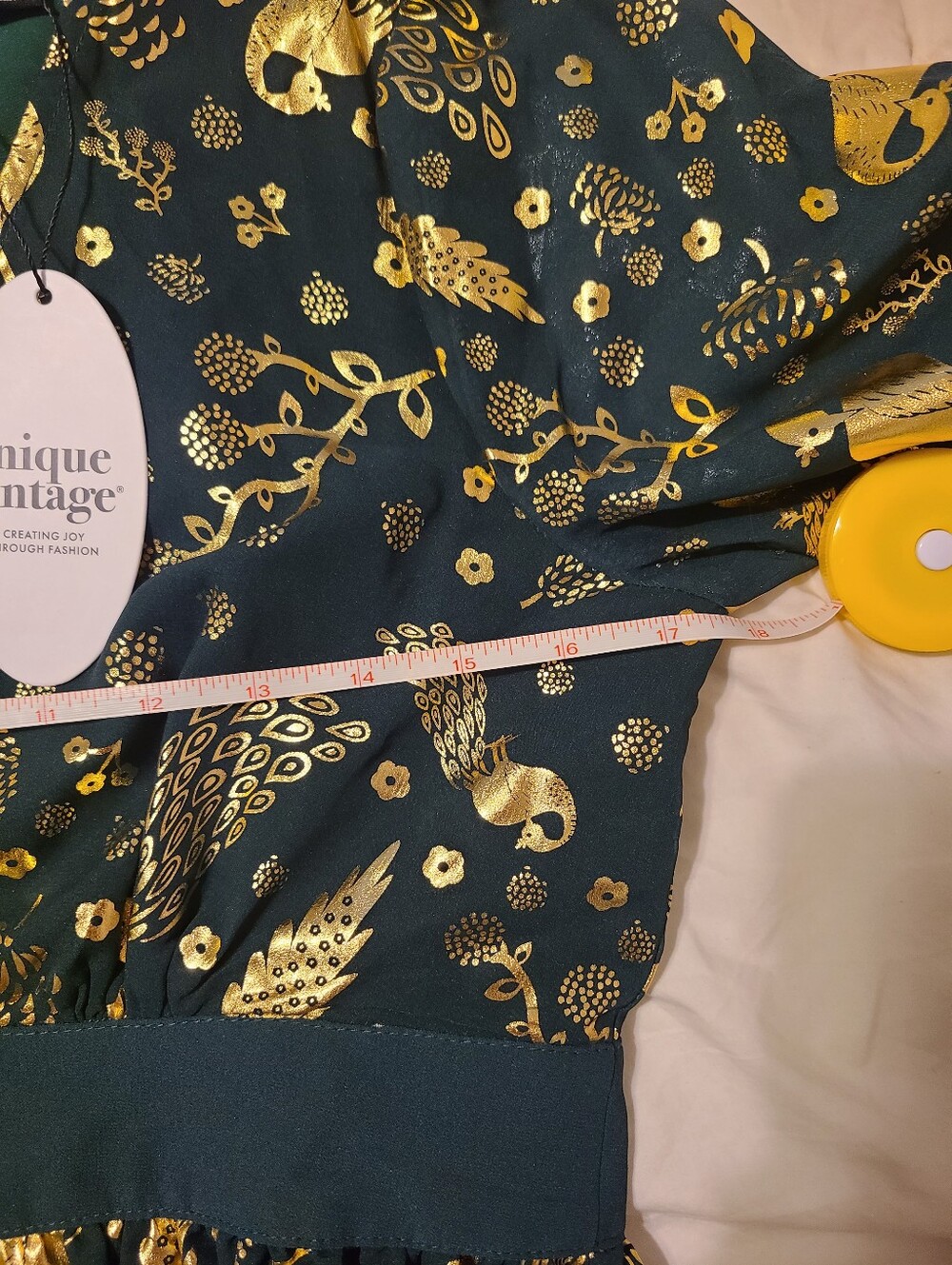 Unique Vintage Med Peacock gold foil maxi dress - Picture 5 of 6